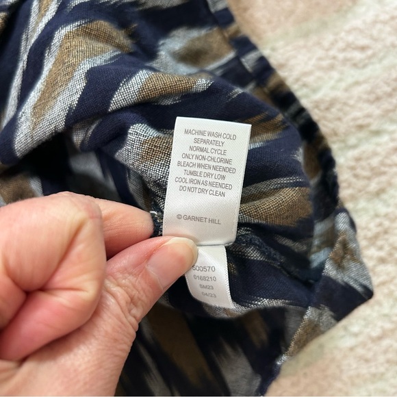 Garnet Hill Navy Tan Ikat Blouse Top 100% Cotton Puff Sleeve Size Small Fall - Picture 5 of 12
